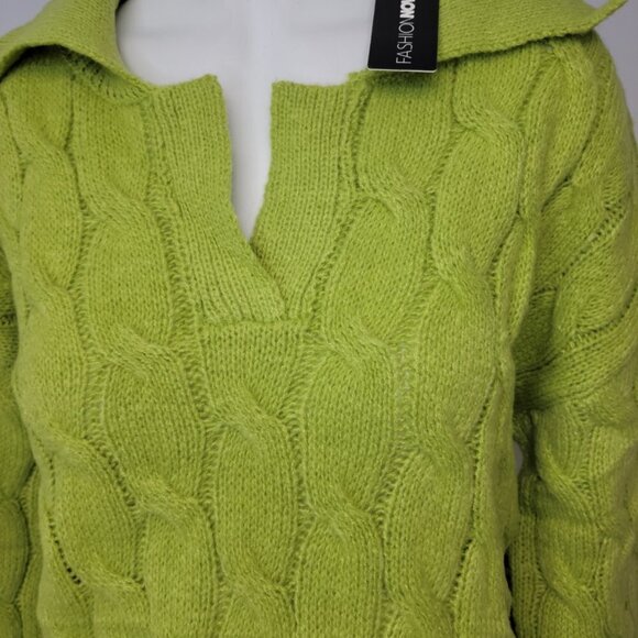 Fashion Nova Knit Green V Neck Collared Sweater Size Large - Picture 2 of 6